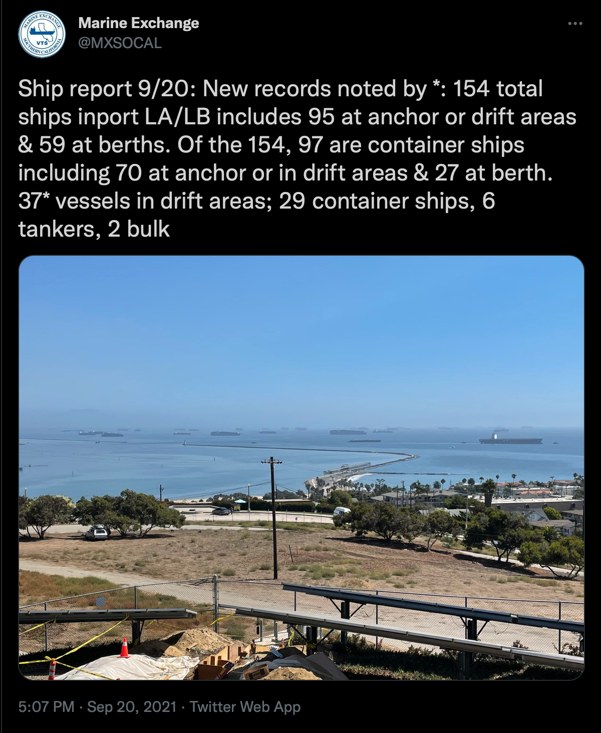 Cargo vessels stacked to the horizon outside of Los Angeles and Long Beach Ports